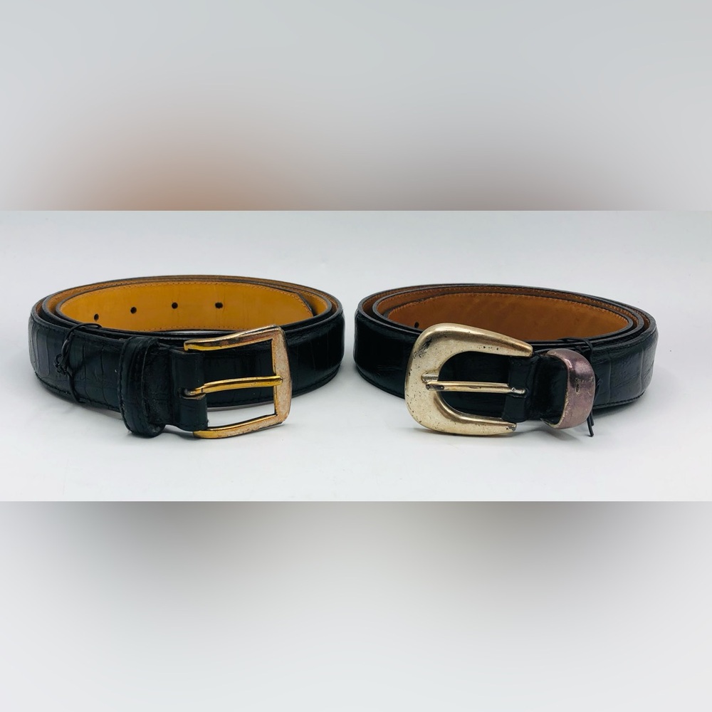 Lot 2 Mens Black Leather Belts 42 Fossil MB1006 Bugle Boy Dress Casual Crocodile